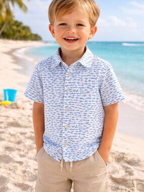 NWT OshKosh B’gosh Toddler Boy Shark Print Button Down Shirt 3T Blue White Short